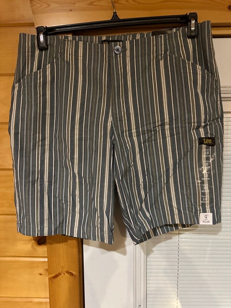 Lee Women’s Green And White/Gold Vertical Stripe Flat Front Shorts
